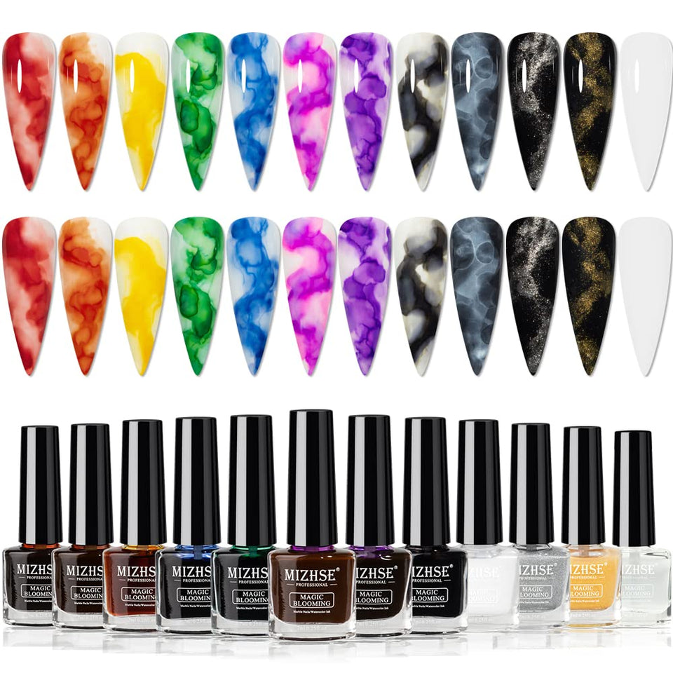 MIZHSE front packaging showing 12 marble nail polish bottles for easy gifting