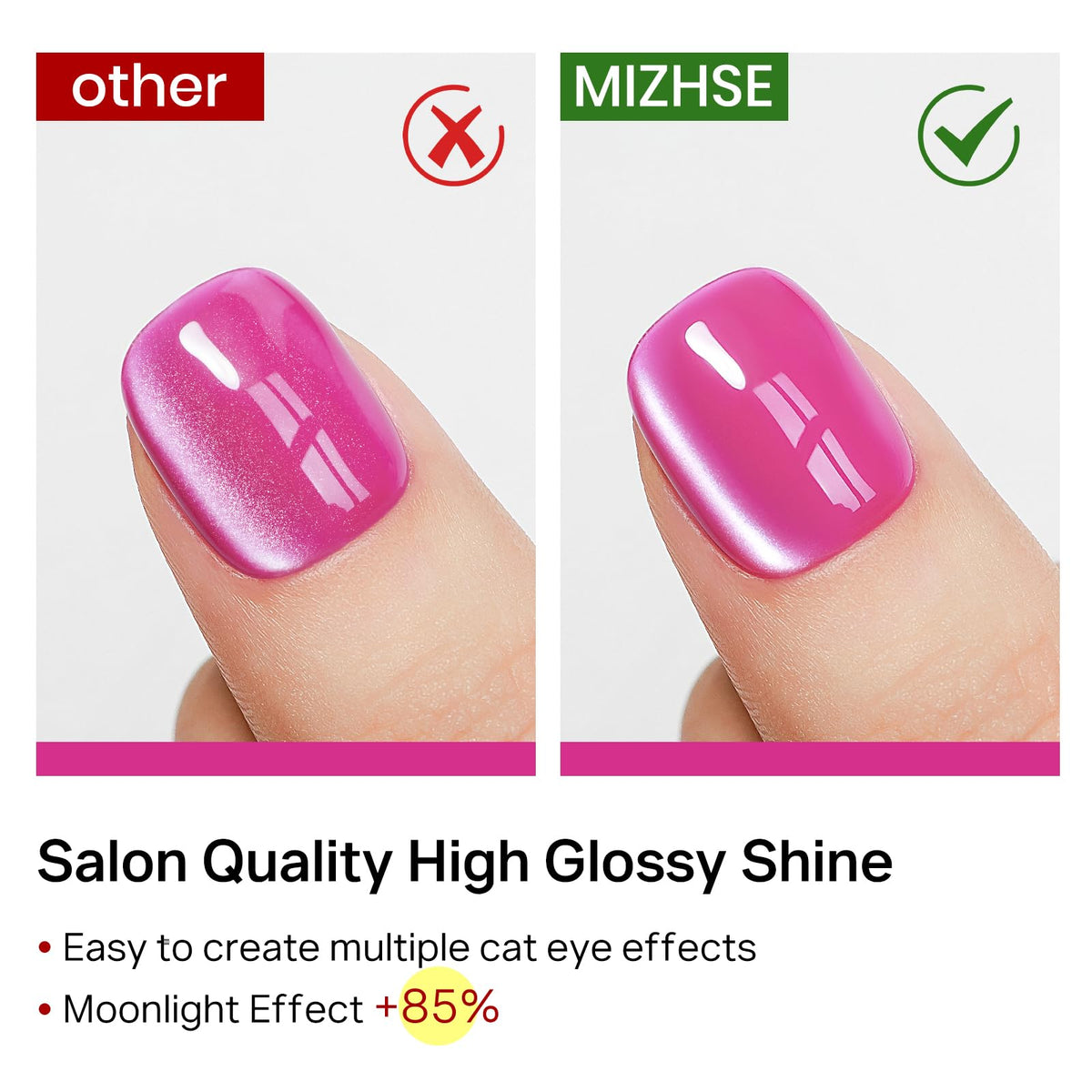 MIZHSE manicure on hand featuring neon cat-eye effect and high-gloss finish