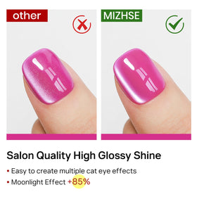 MIZHSE manicure on hand featuring neon cat-eye effect and high-gloss finish