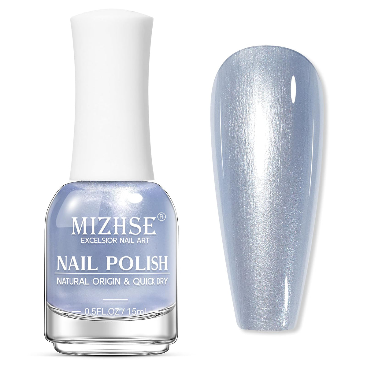 MIZHSE front bottle showing pearlescent blue shade and quick-dry benefit
