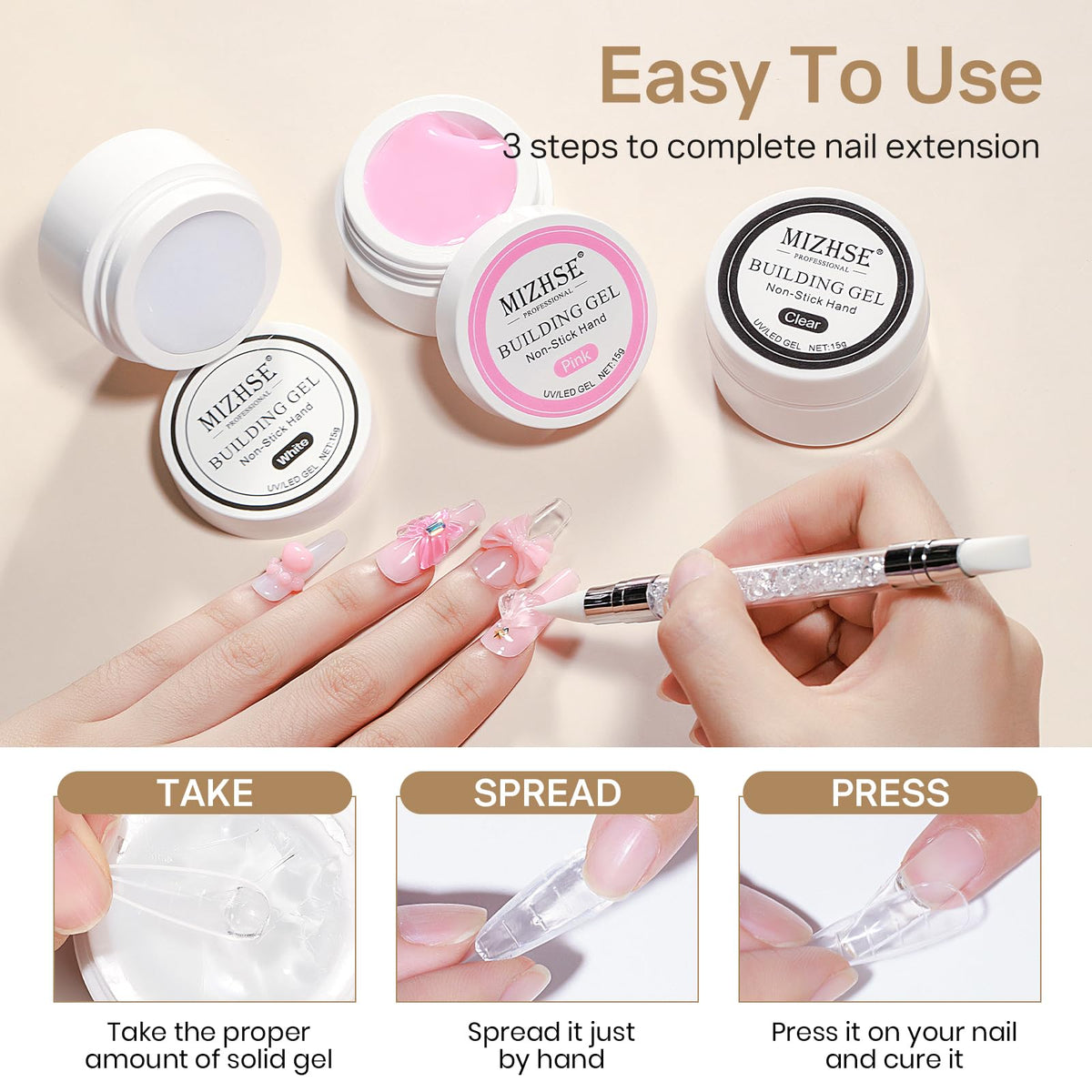 MIZHSE pink builder gel close-up demonstrating natural-looking full-coverage extension