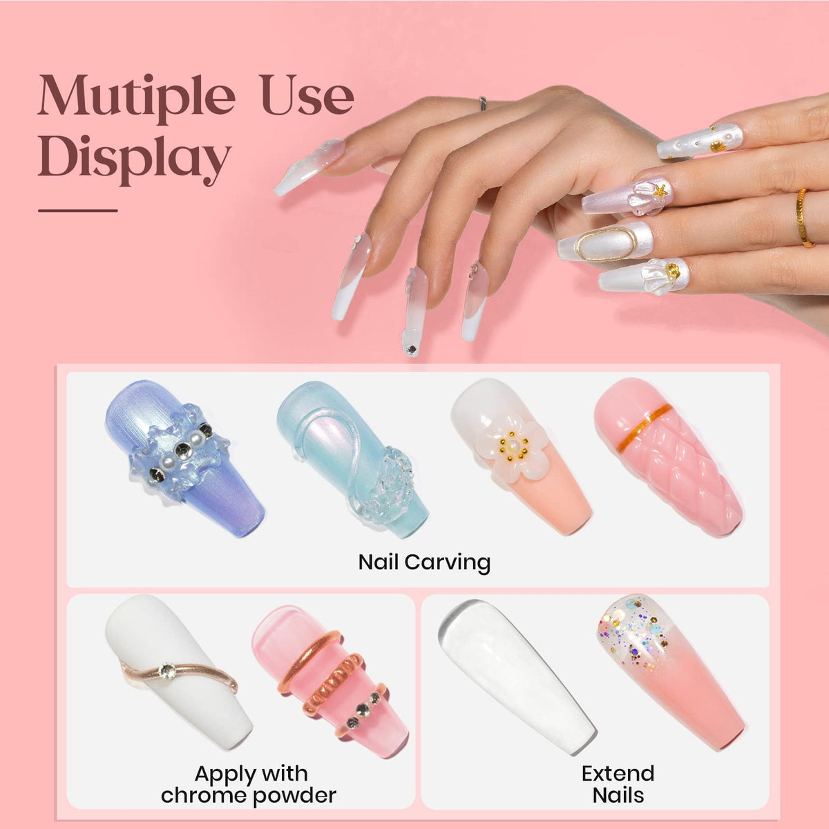 MIZHSE sculpting gel placed on a nail form demonstrating extension shaping benefit