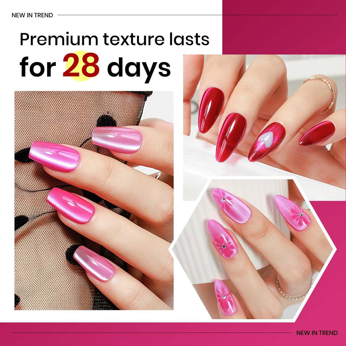 MIZHSE color swatches fan showing six neon pink shades and reflective stripe