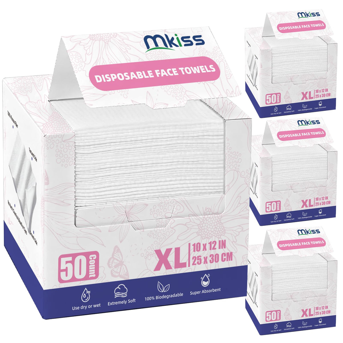 MKISS front packaging showing 200-count large face towels and value benefit