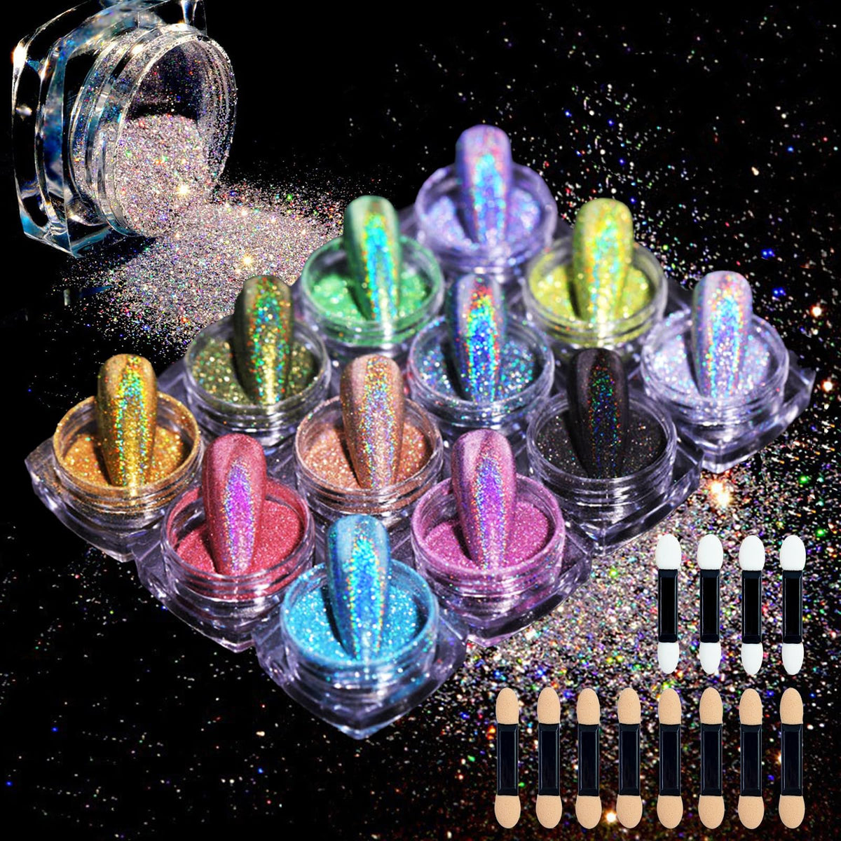 MKNZOME front view showing 12 holographic pigment jars and included applicators for creative nails
