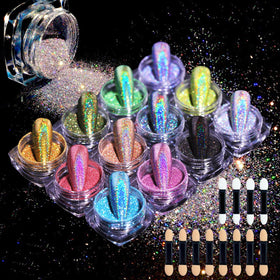 MKNZOME front view showing 12 holographic pigment jars and included applicators for creative nails