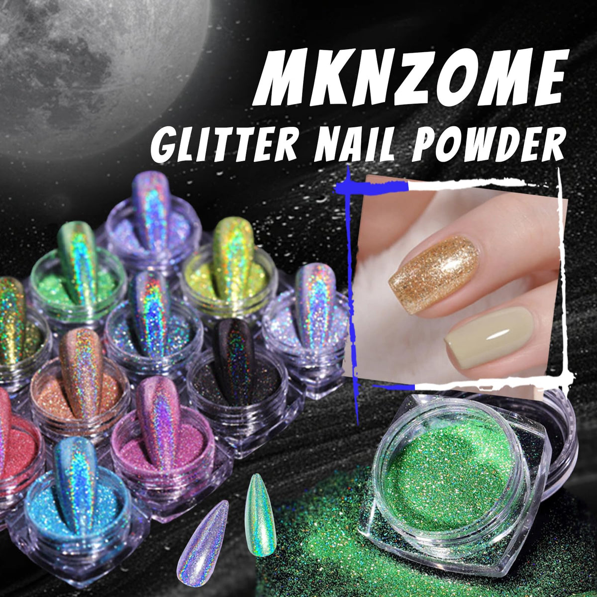 MKNZOME lifestyle manicure at a festival showing vibrant holographic effect on nails