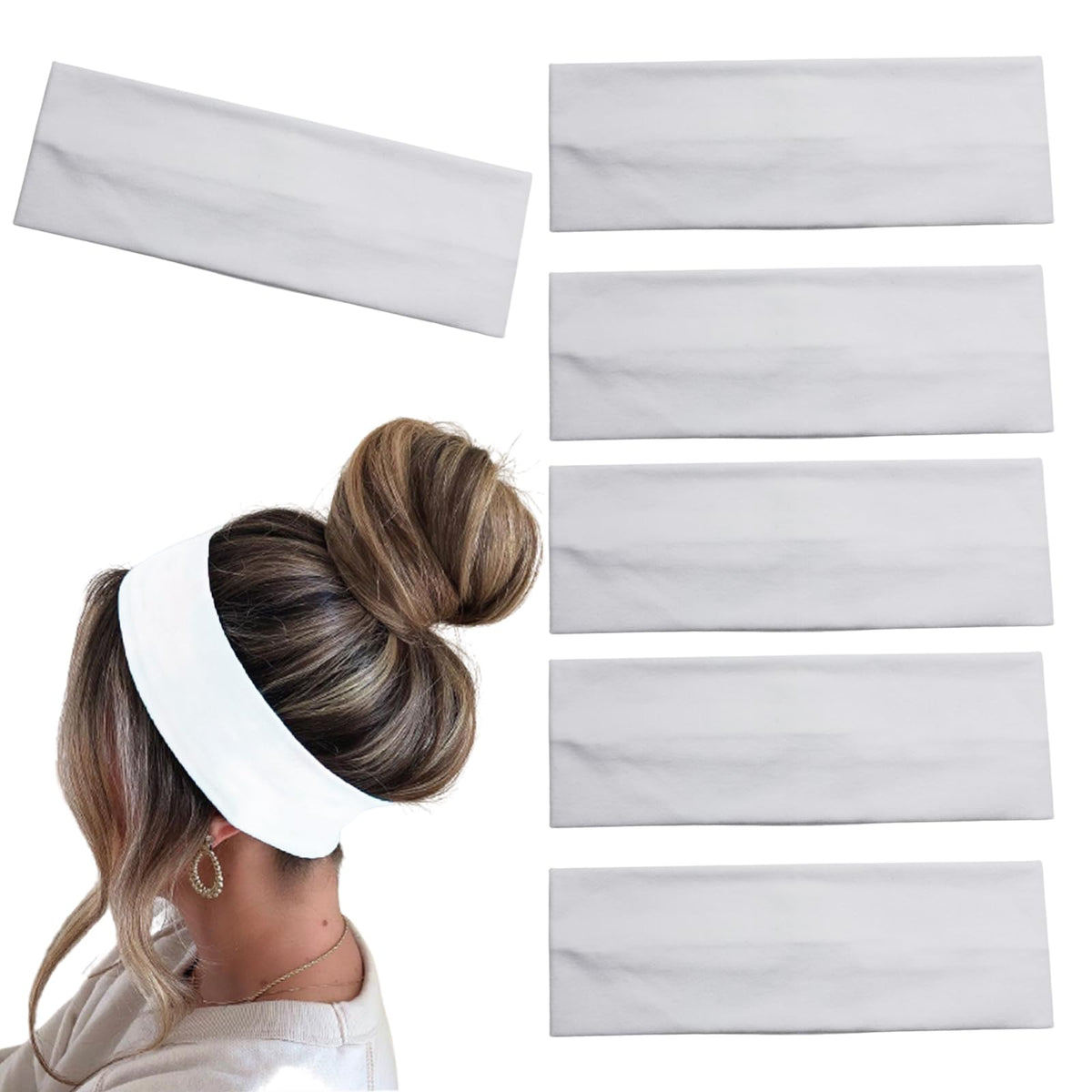 MLMOMVME front view of six white headbands showing pack contents and convenience