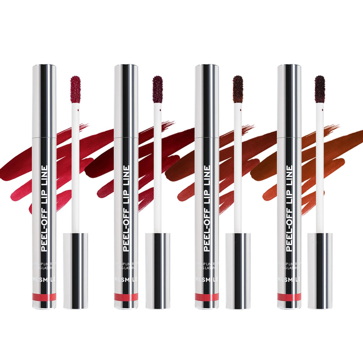 MLSMILE front packaging showing four peel off lip stain tubes and product benefits