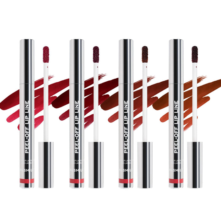 MLSMILE front packaging showing four peel off lip stain tubes and product benefits