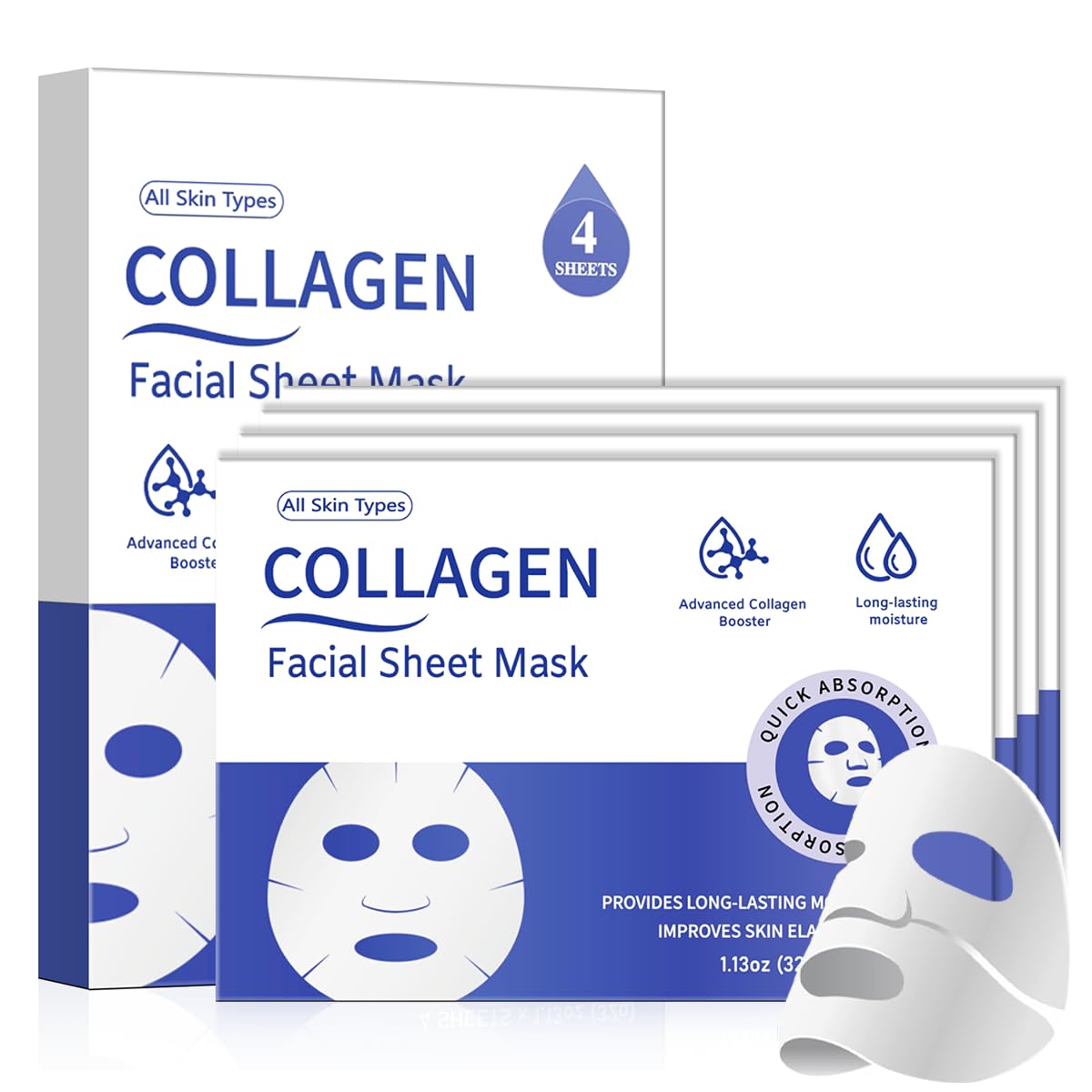 MMV front packaging showing four collagen gel masks and benefits