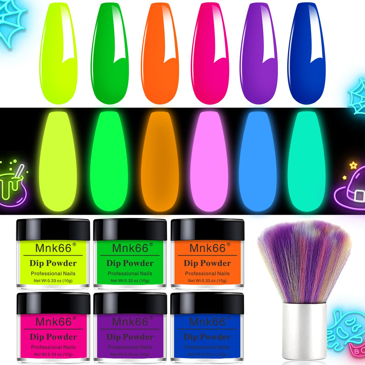 Mnk66 front packaging showing six glow powders and kit convenience