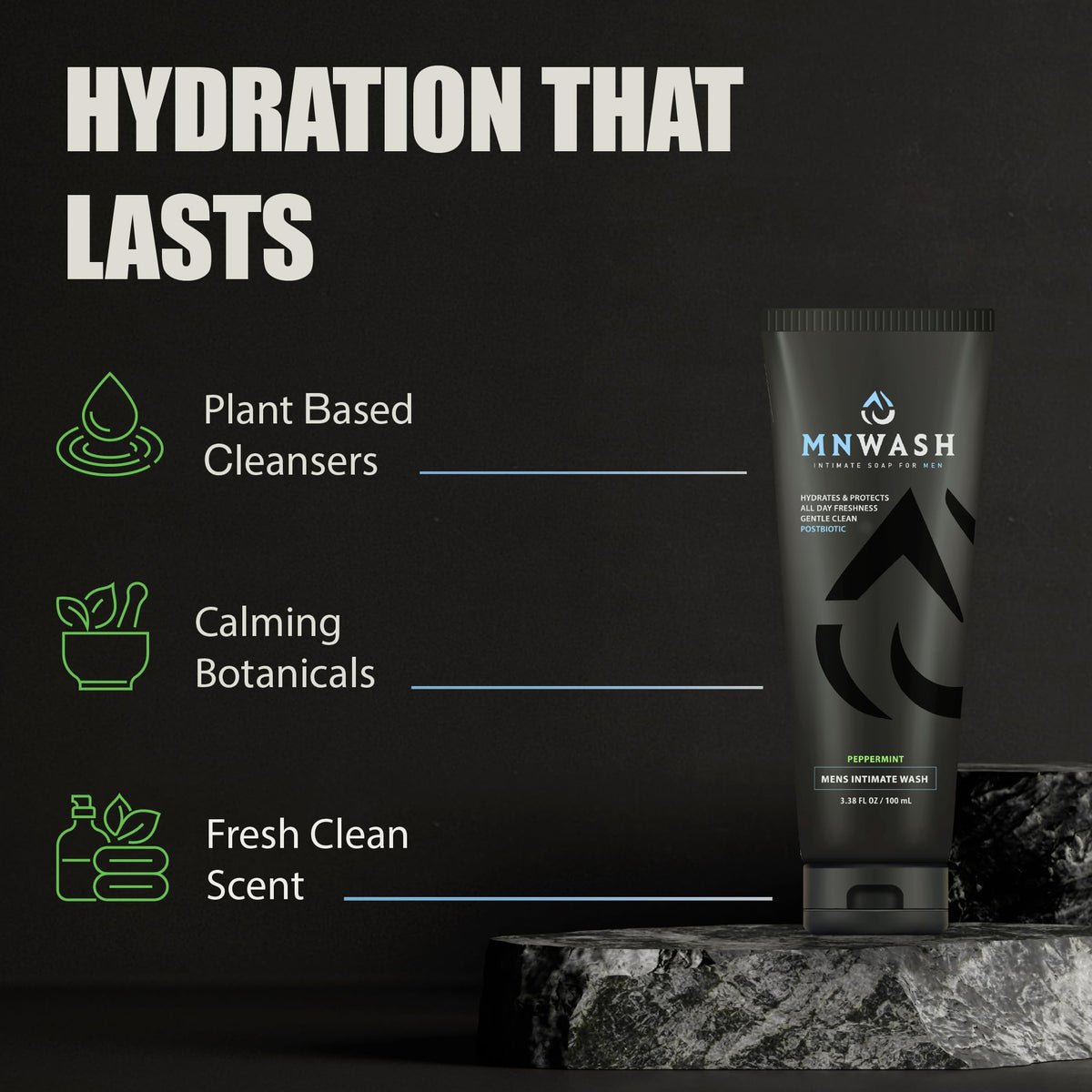 MNWASH in-shower application demonstrating quick rinse for refreshed skin