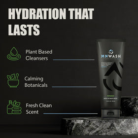 MNWASH in-shower application demonstrating quick rinse for refreshed skin
