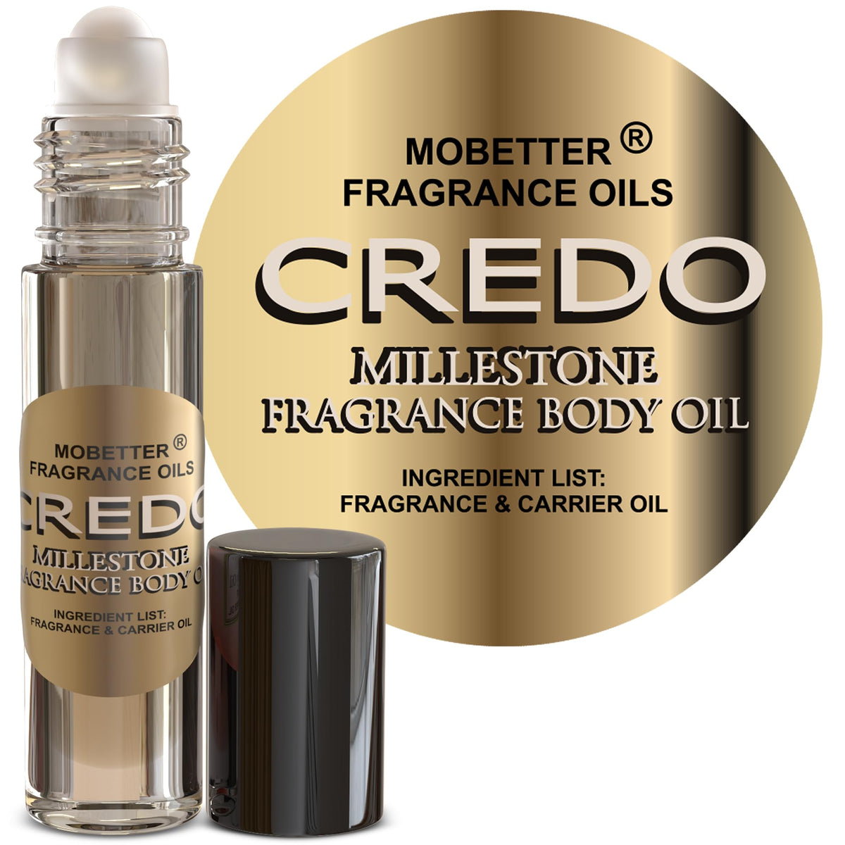 MOBETTER FRAGRANCE OILS front view of 1/3 oz glass roll on showing compact travel bottle and label benefit
