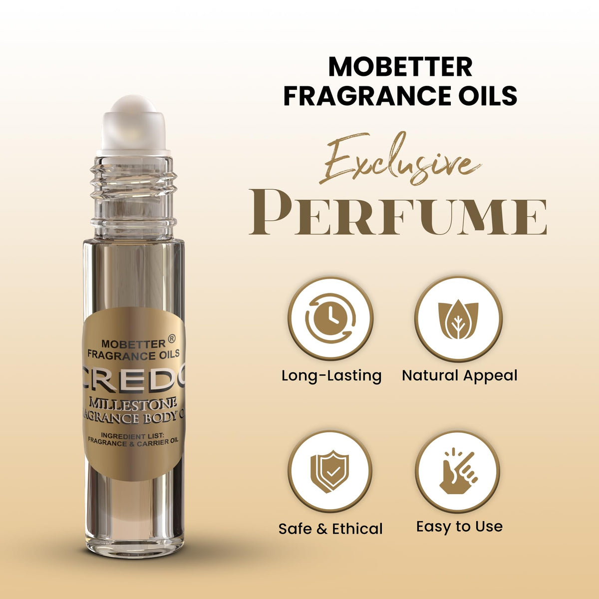 MOBETTER FRAGRANCE OILS close up of metal rollerball demonstrating smooth mess free application benefit