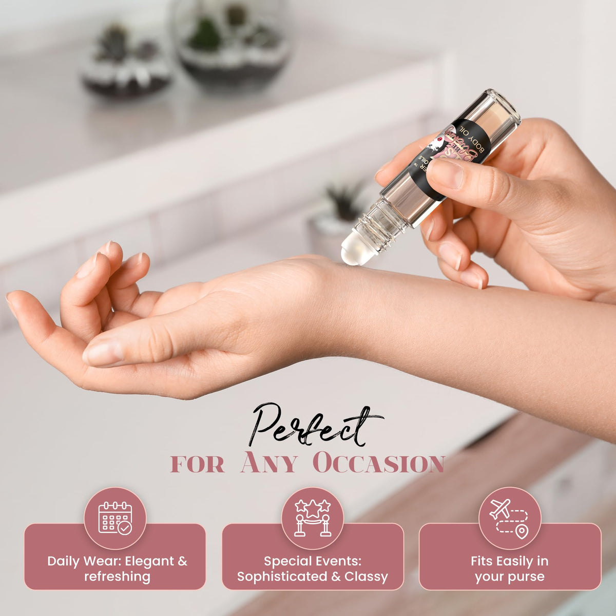 MOBETTER FRAGRANCE OILS next to a credit card showing compact travel size benefit