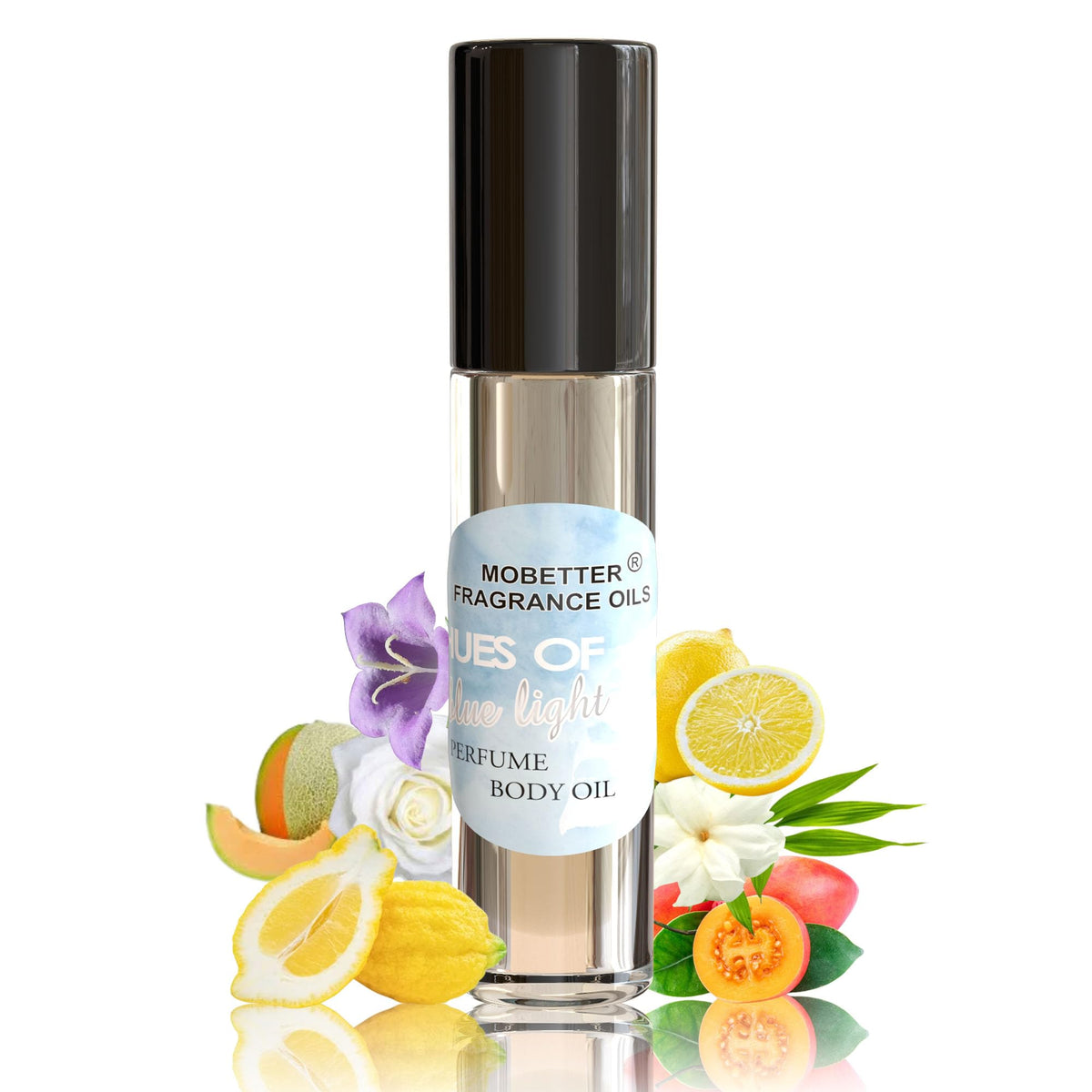 MOBETTER FRAGRANCE OILS front packaging showing compact roll-on and branding benefit portability