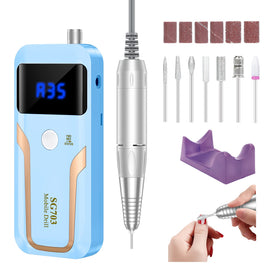 MOCOWIND front packaging showing blue cordless nail drill and kit, highlights portability
