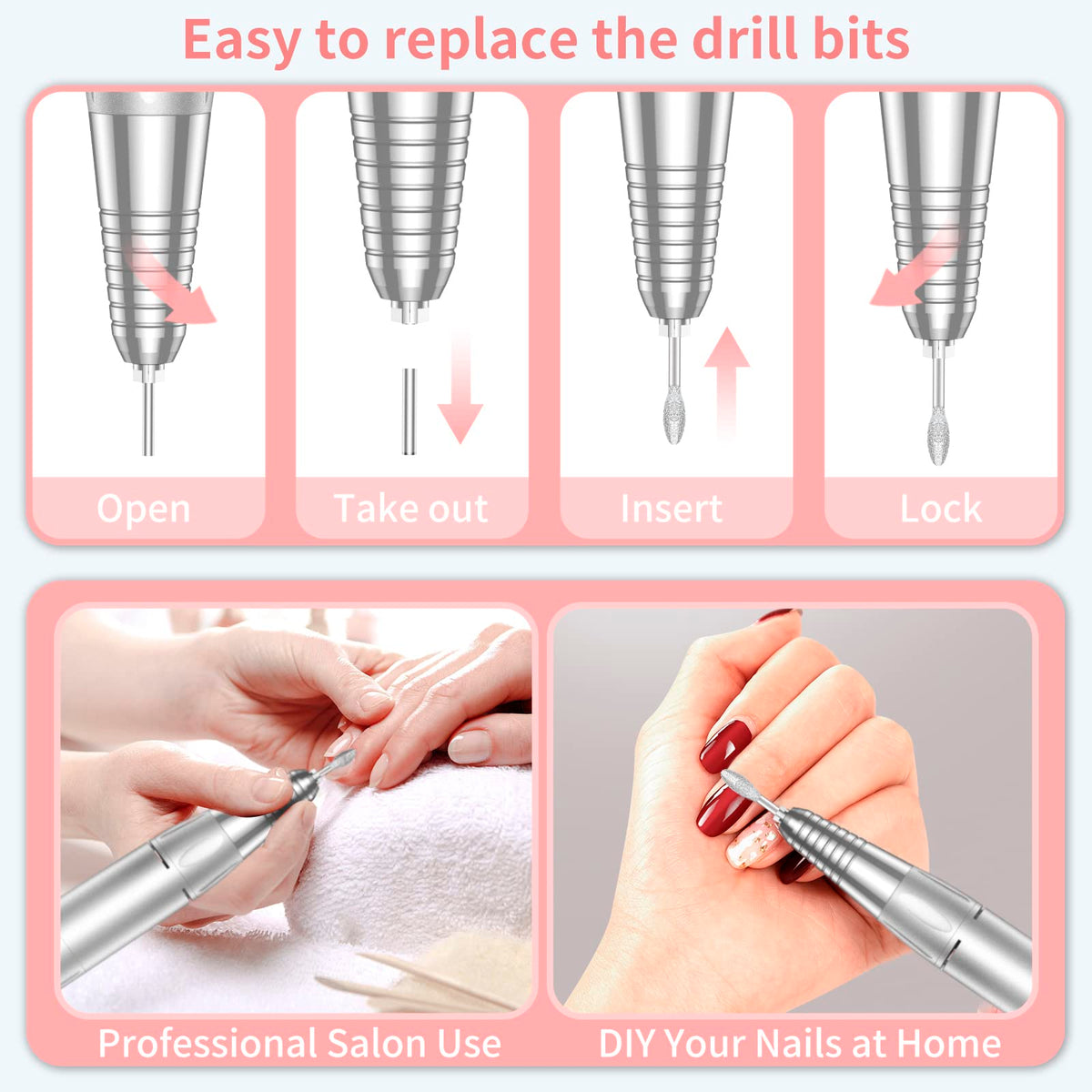MOCOWIND nail drill next to a smartphone showing compact scale and travel ease