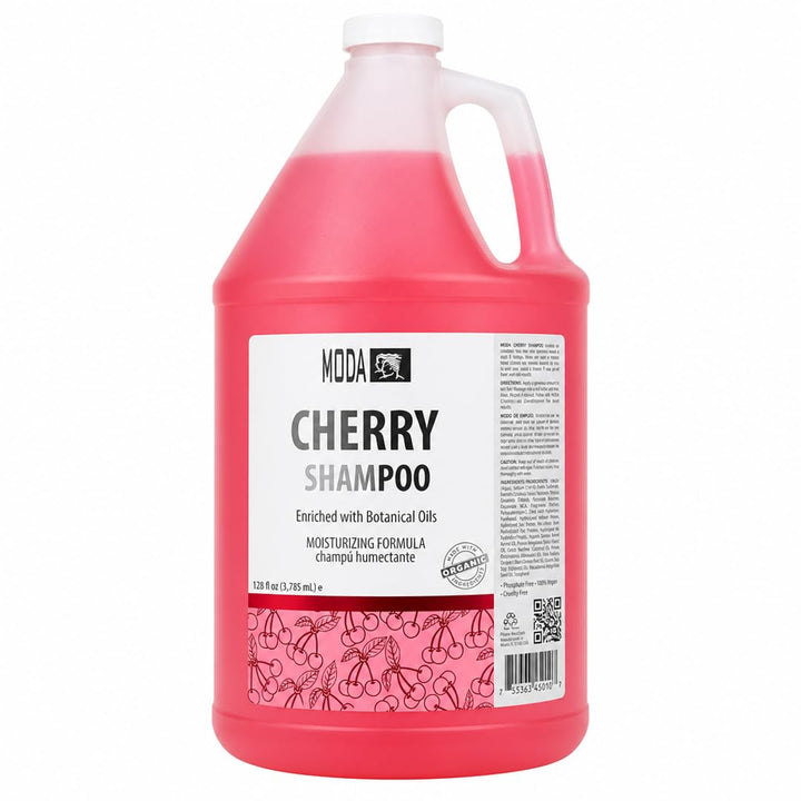 MODA front view 128 oz bottle showing professional cherry shampoo and easy dispensing