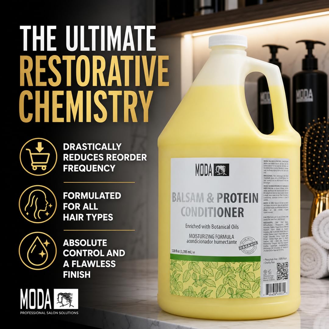 MODA bottles arranged on salon shelf conveying professional-grade supply