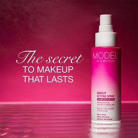 Model in a Bottle spray in use on model locking makeup for long wear