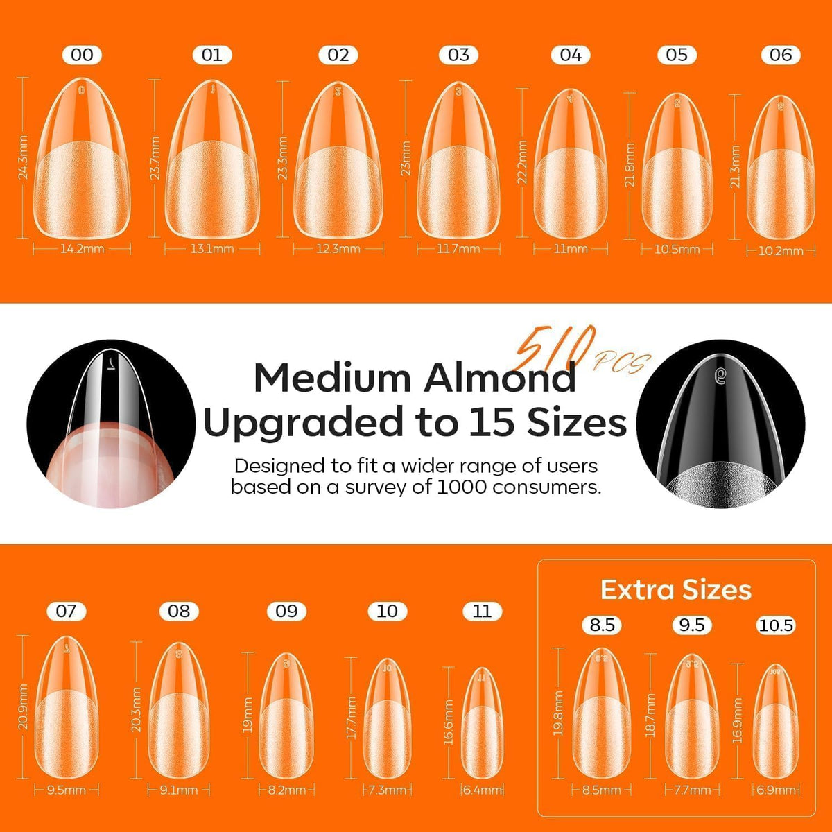 modelones close-up of 15 sizes tips organized to illustrate precise customization