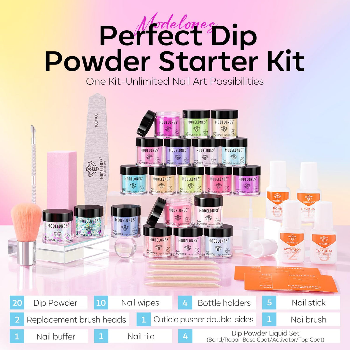 modelones 20 color powders arranged to show pastel shades and easy color selection benefit