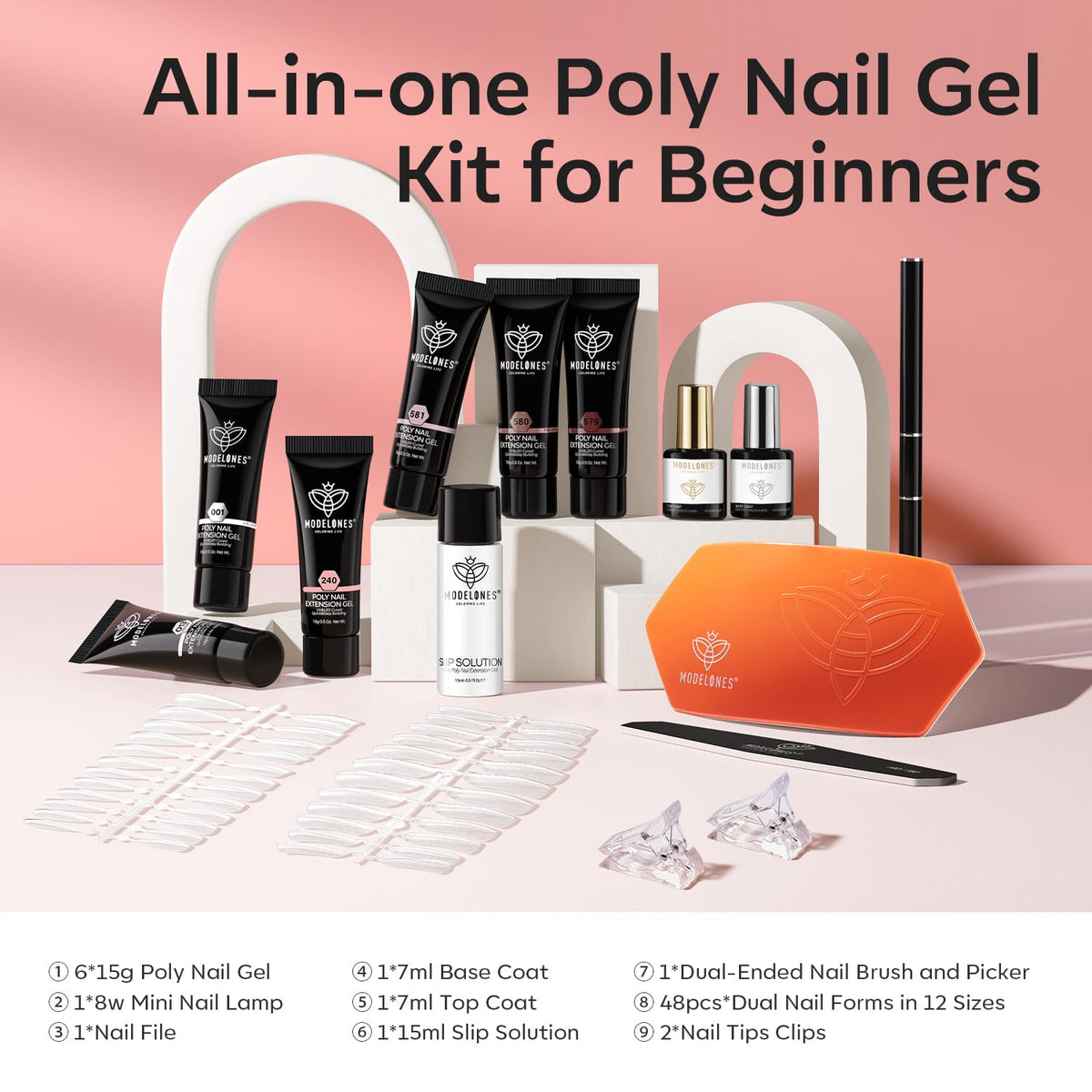 modelones six polygel jars open displaying nude clear and pink shades