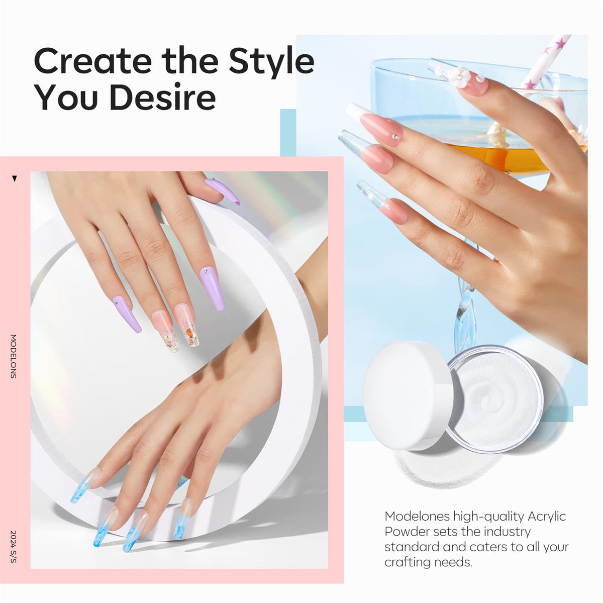 modelones acrylic extensions and French nails demonstrating clear, glossy tips