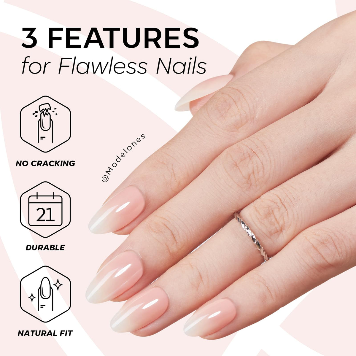 Modelones application step pressing on nail for fast, no-polish manicure