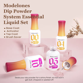 modelones bottles lined up to display base coat, top coat, activator and brush saver benefits