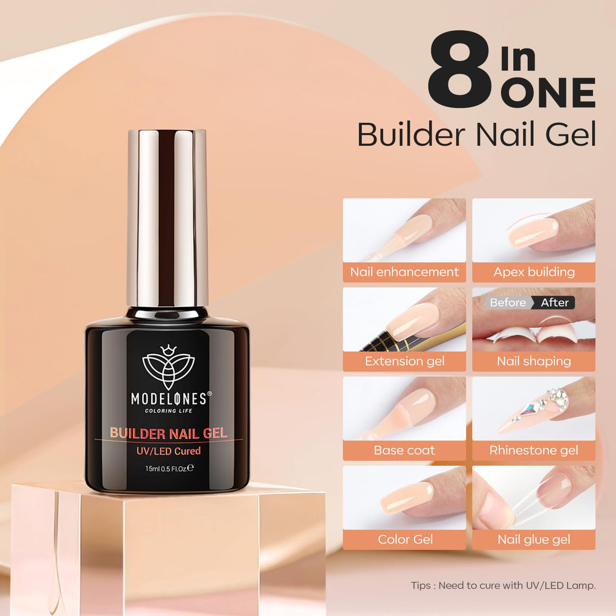 modelones champagne sparkle on extended tip illustrating strong, decorative finish