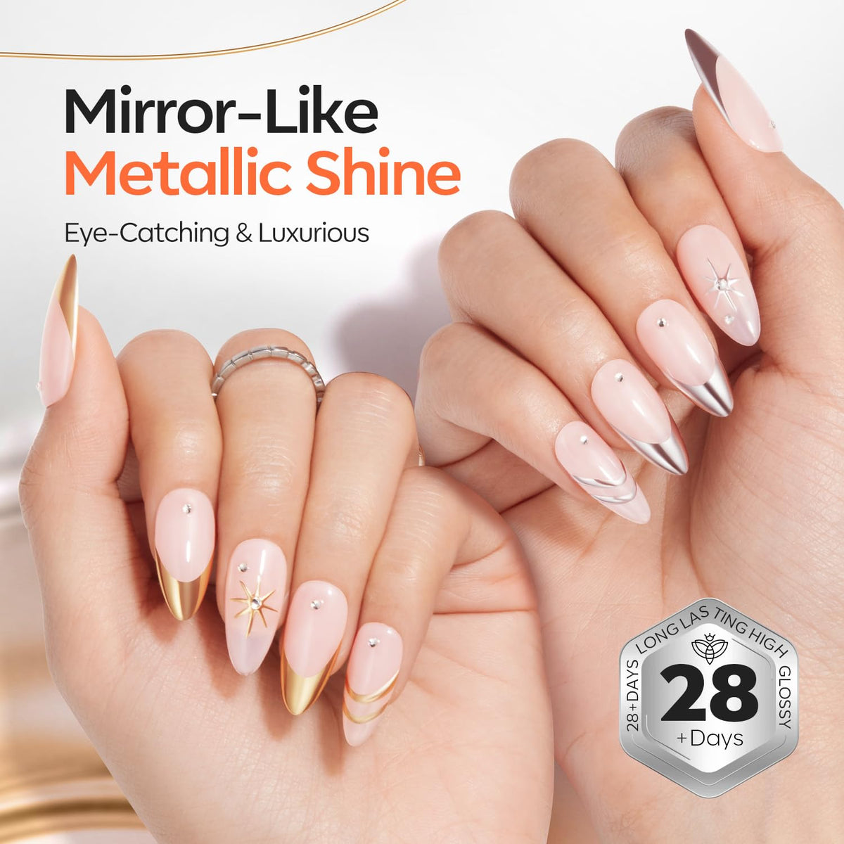 modelones silver chrome close-up on nail, reflective metallic effect visible