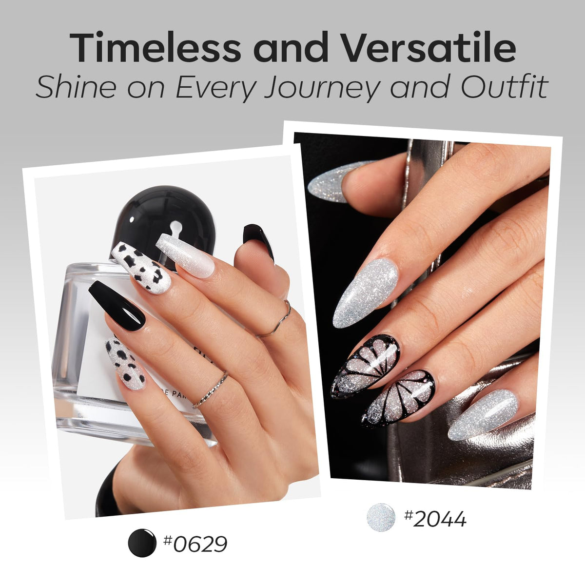 modelones color swatch array on nail tips showing versatile neutrals and dramatic finishes