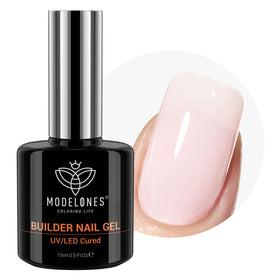 modelones bottle front view showing barely pink builder gel and benefits