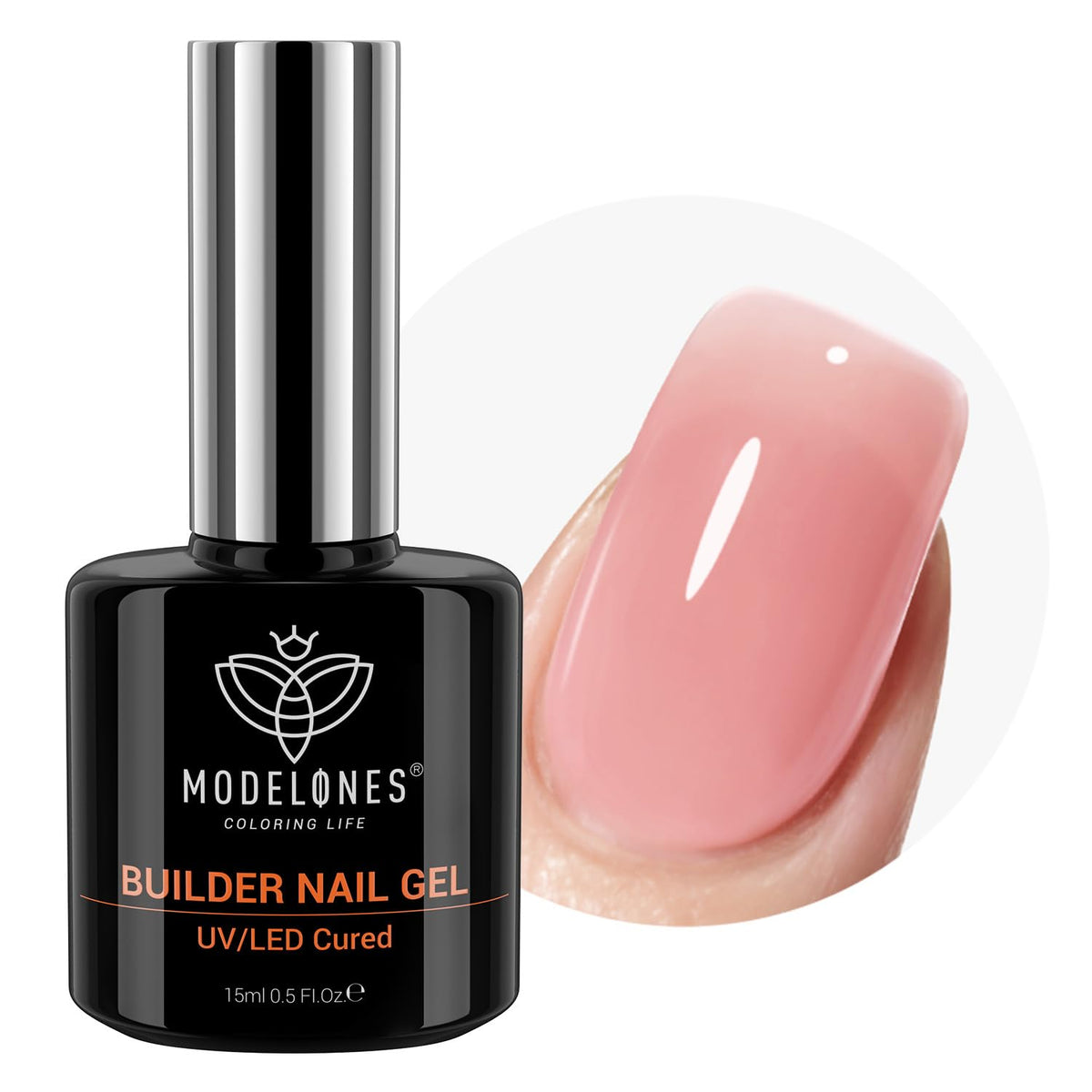 modelones front bottle showing jelly pink builder gel and easy identification benefit