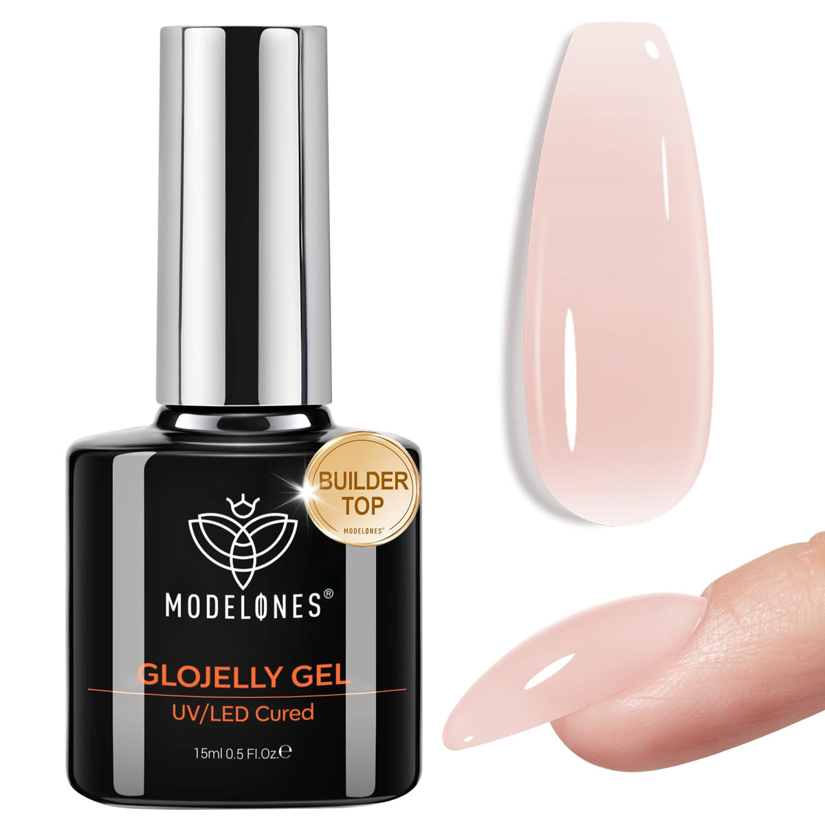 modelones front bottle showing nude builder gel, clear branding and 15ml size for value
