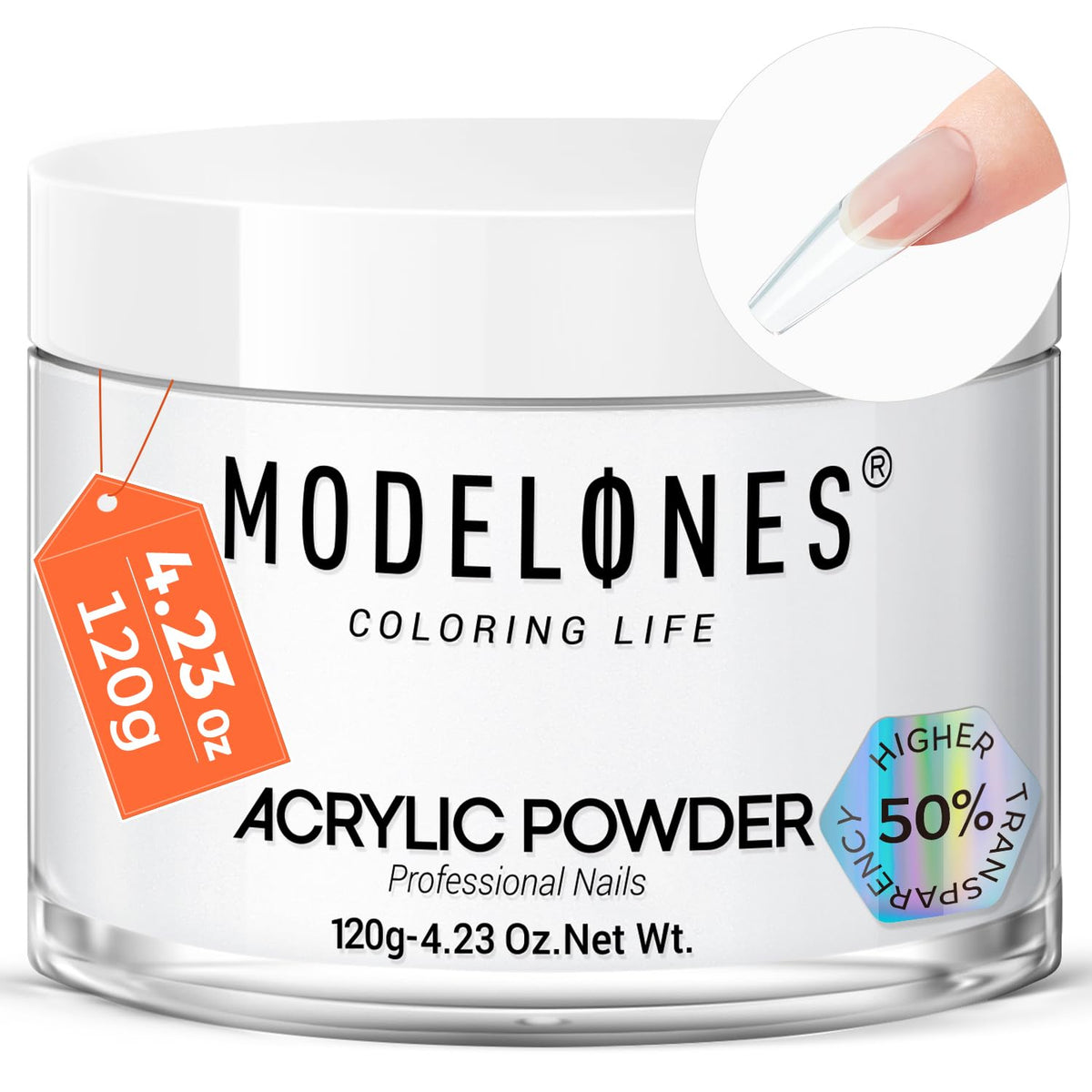 modelones front jar showing crystal clear acrylic powder and professional finish