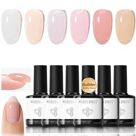modelones front packaging showing six rubber base gel bottles and benefits