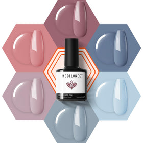 modelones front packaging showing six gel polish bottles and color variety for effortless styling