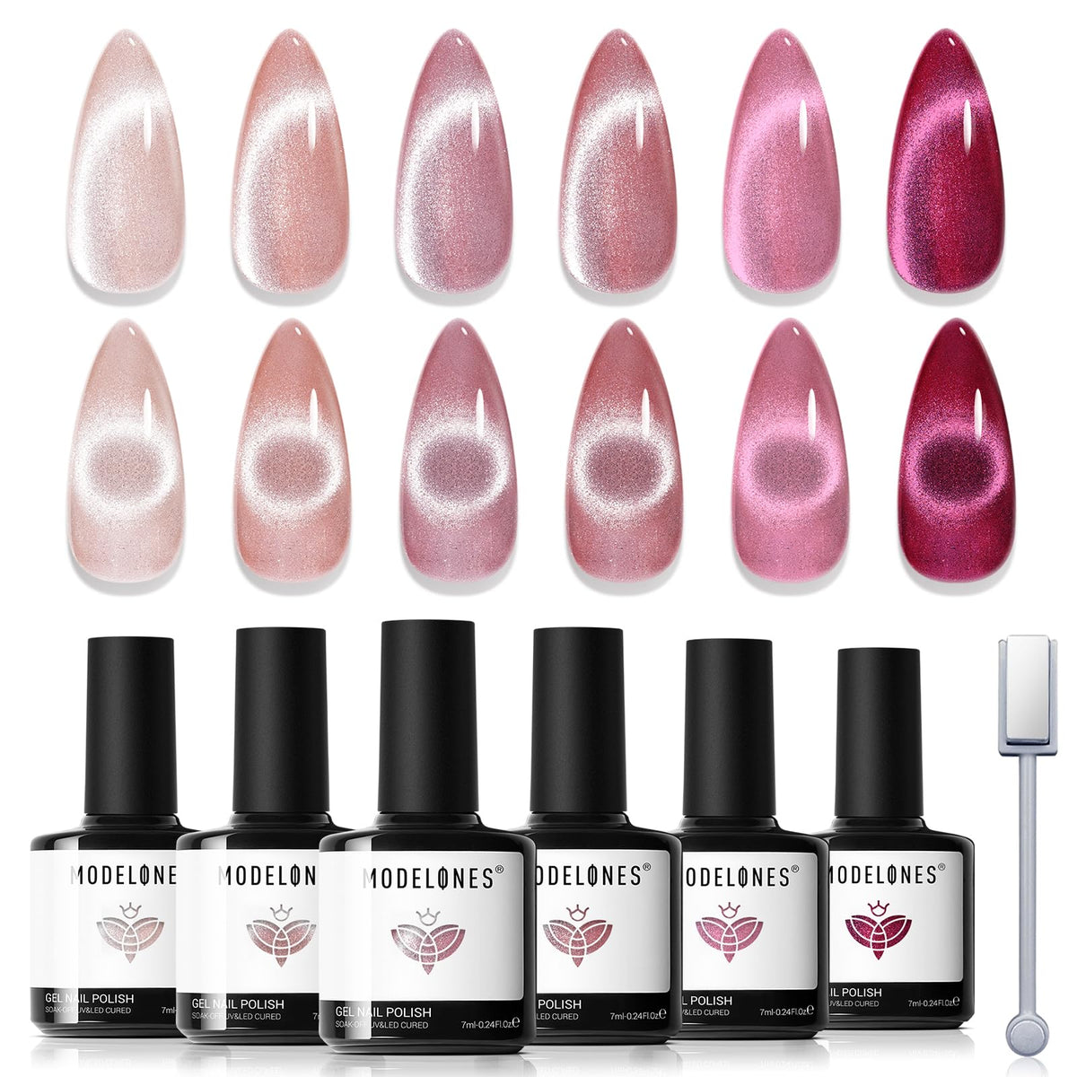 modelones front packaging showing six gel bottles and magnet; clear kit presentation