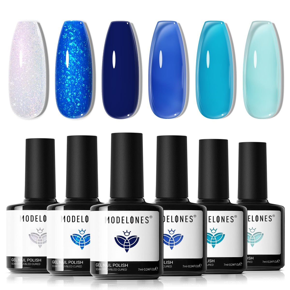 modelones front packaging showing six blue gel bottles and benefits