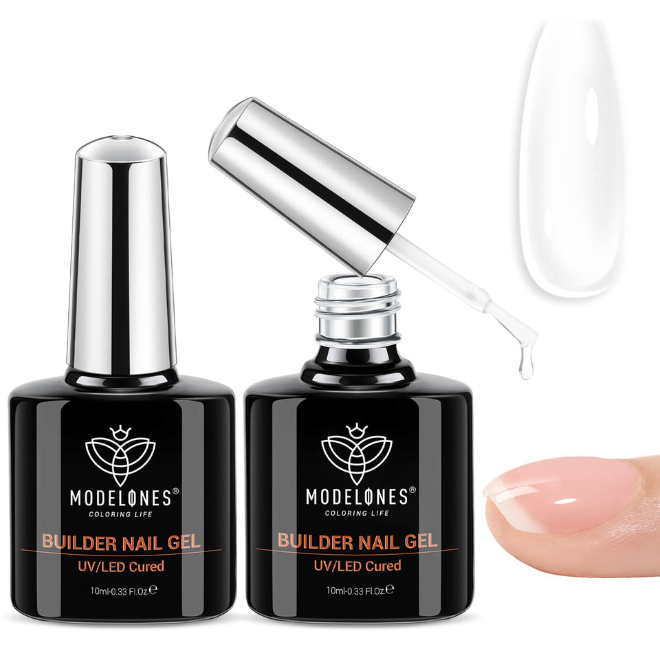 modelones front packaging showing two 10ml builder gel bottles and benefits