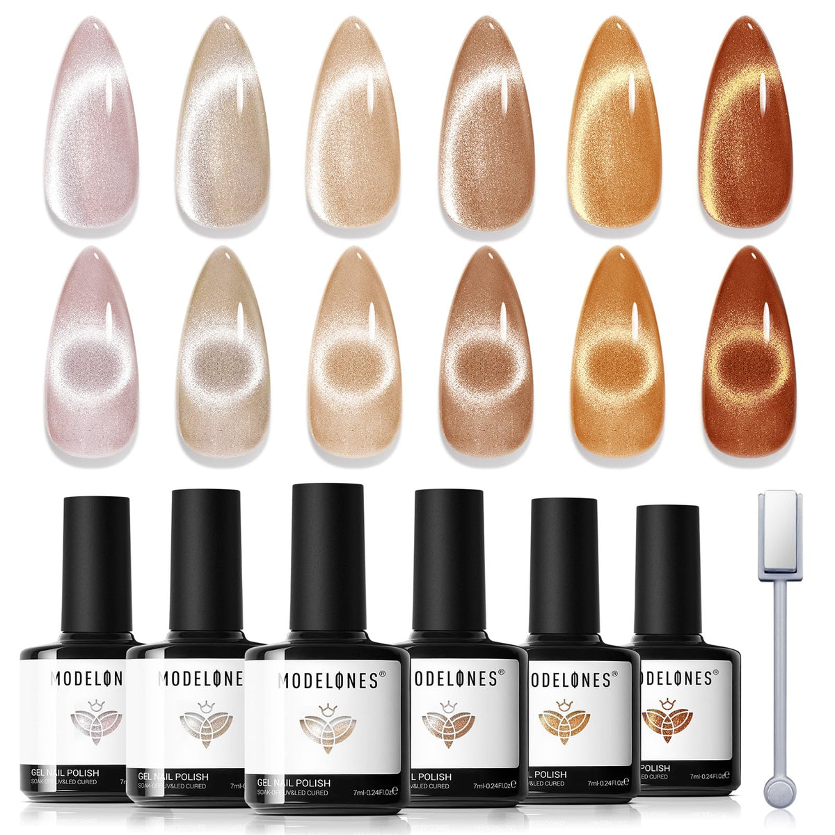 modelones front packaging showing six nude cat eye polishes and magnetic stick, perfect starter kit