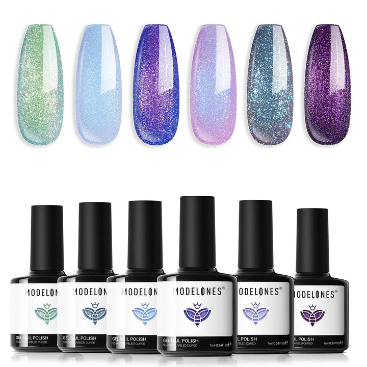modelones front packaging showing six chameleon gel bottles and glow