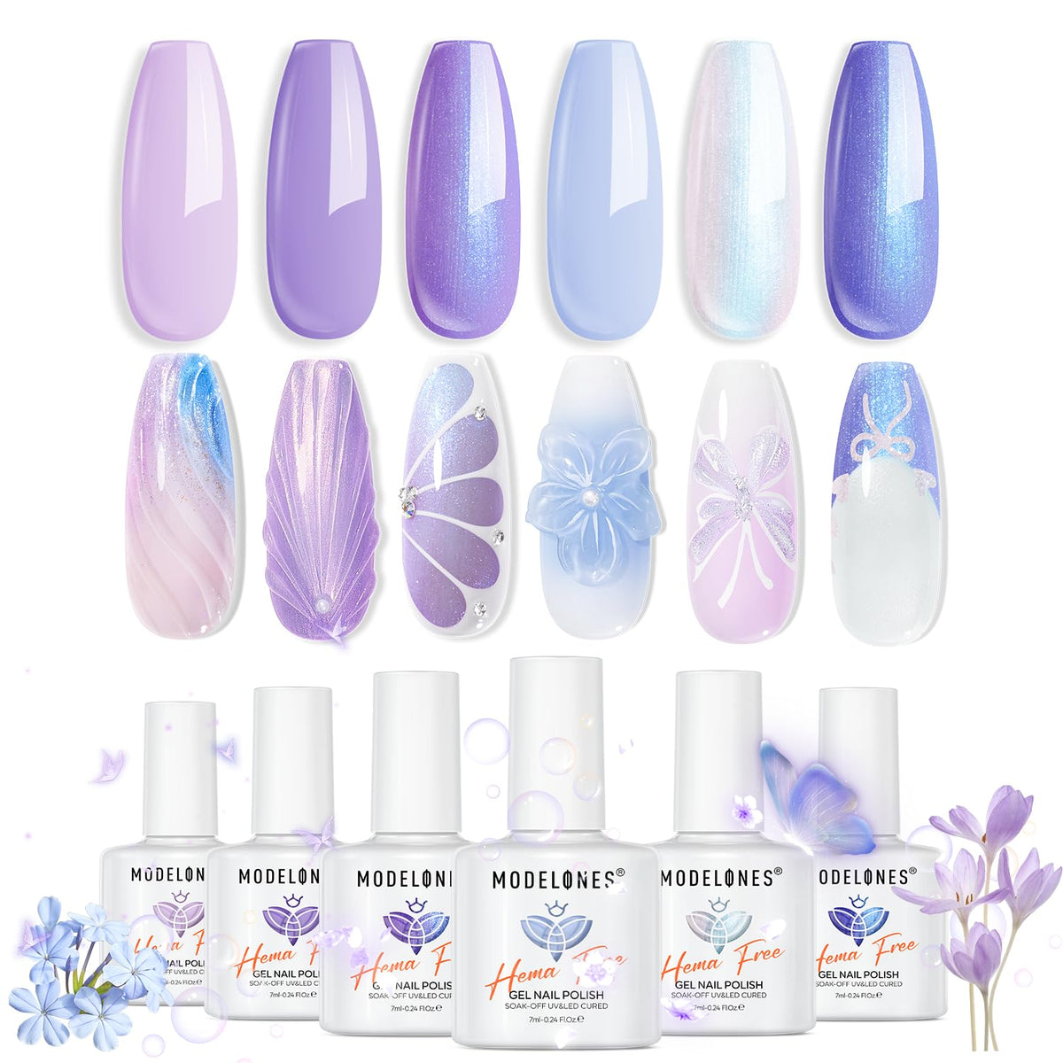 modelones front packaging showing six HEMA-free gel bottles and colorful benefits