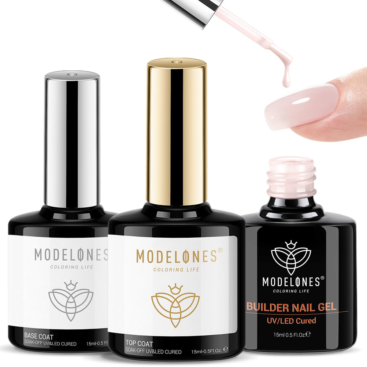 modelones front packaging showing nude pink builder and top coat, professional set benefit