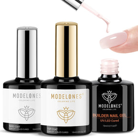 modelones front packaging showing nude pink builder and top coat, professional set benefit
